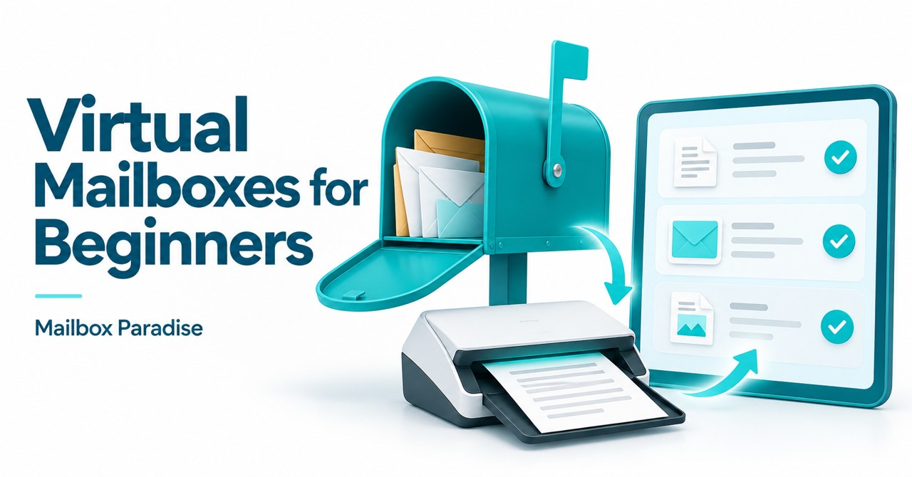 Virtual mailbox illustration with an envelope, scanned mail, organized folders and a forwarding parcel